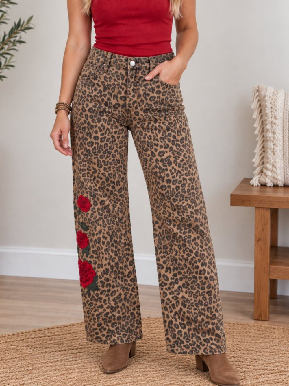 200. RISEN Leopard Print Barrel Rose Embroidered Pants
